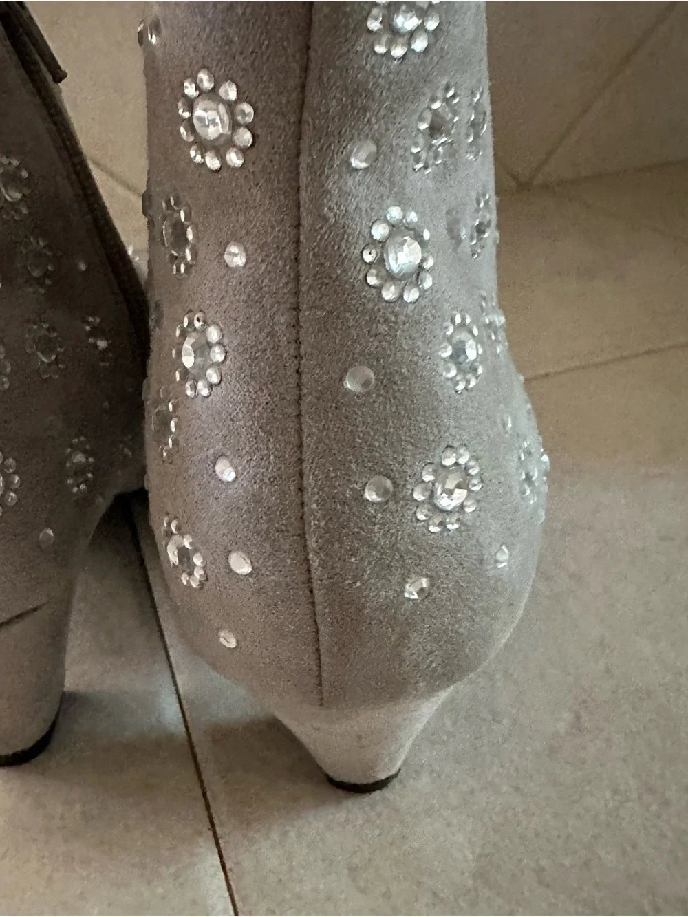Joan Boyce Women's Gray Suede Ankle Boots with Rhinestone Floral Accents (6 1/2